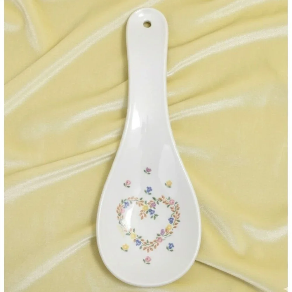 Vintage Cottagecore Spoon Rest Laurelwood USA White Ceramic Floral Heart 80s 90s
